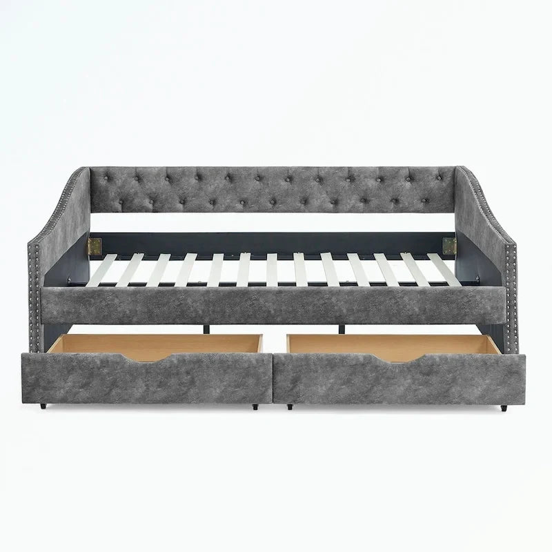 Lit de repos capitonné avec tiroirs de rangement, accoudoirs ondulés et clous décoratifs Gris Beige