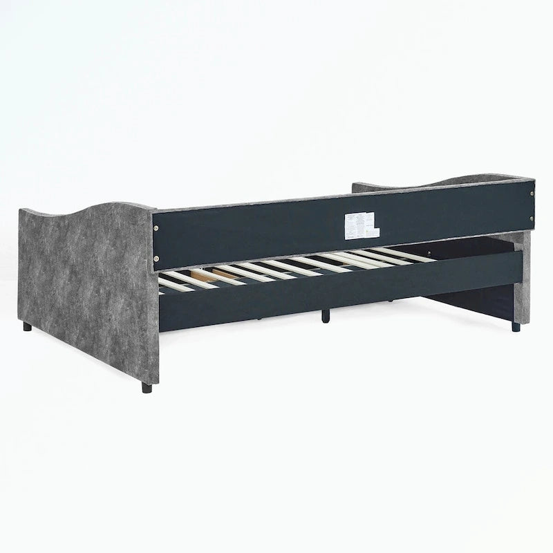 Lit de repos capitonné avec tiroirs de rangement, accoudoirs ondulés et clous décoratifs Gris Beige