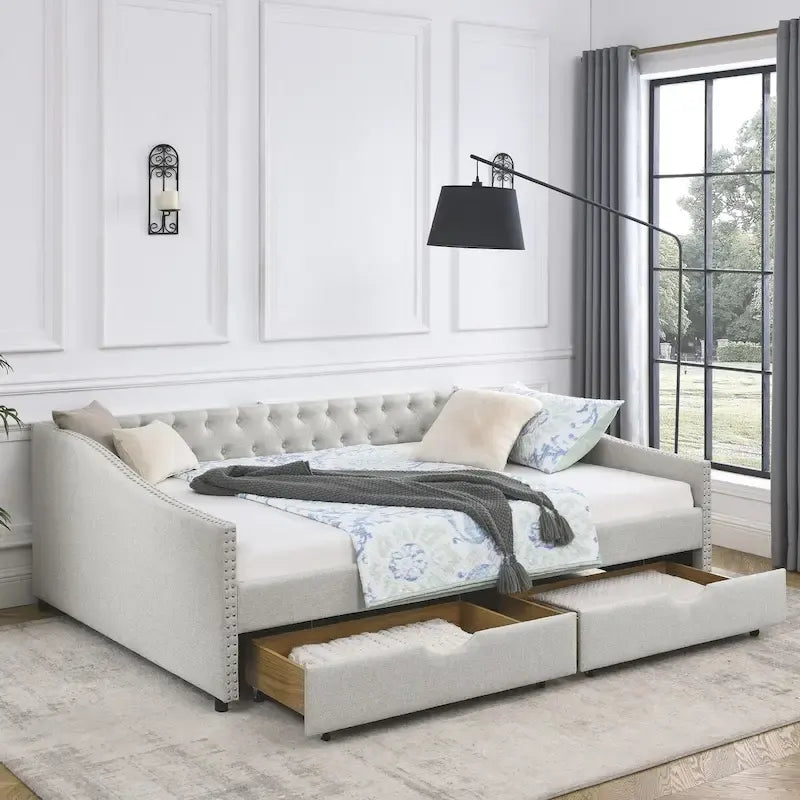 Canapé-lit capitonné queen avec tiroirs de rangement beige gris