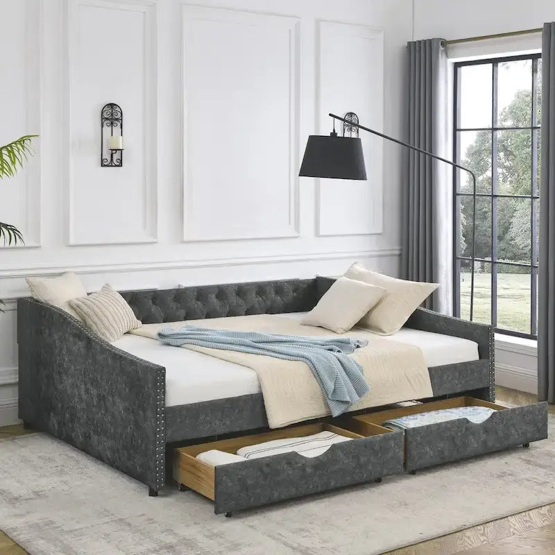 Canapé-lit capitonné queen avec tiroirs de rangement beige gris