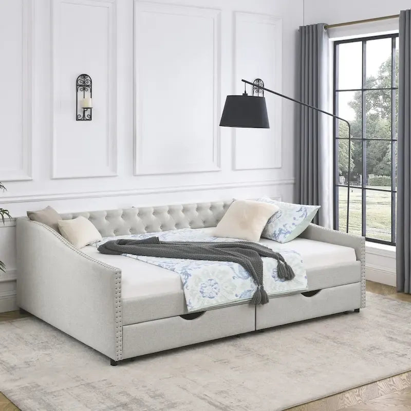 Canapé-lit capitonné queen avec tiroirs de rangement beige gris