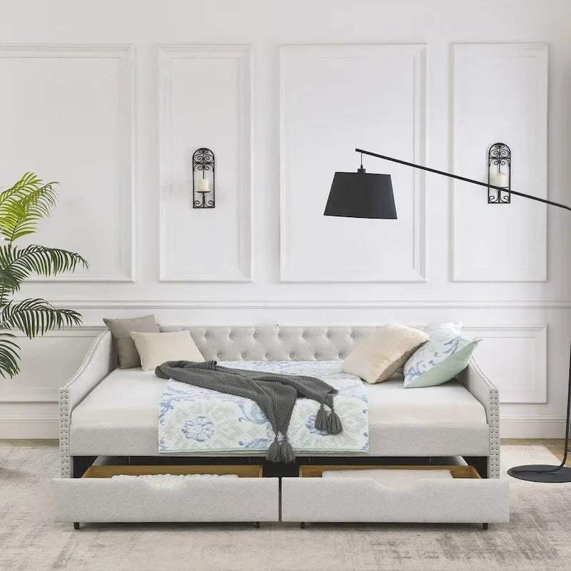 Canapé-lit capitonné queen avec tiroirs de rangement beige gris