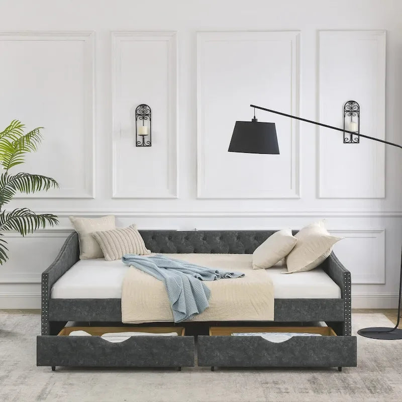 Canapé-lit capitonné queen avec tiroirs de rangement beige gris