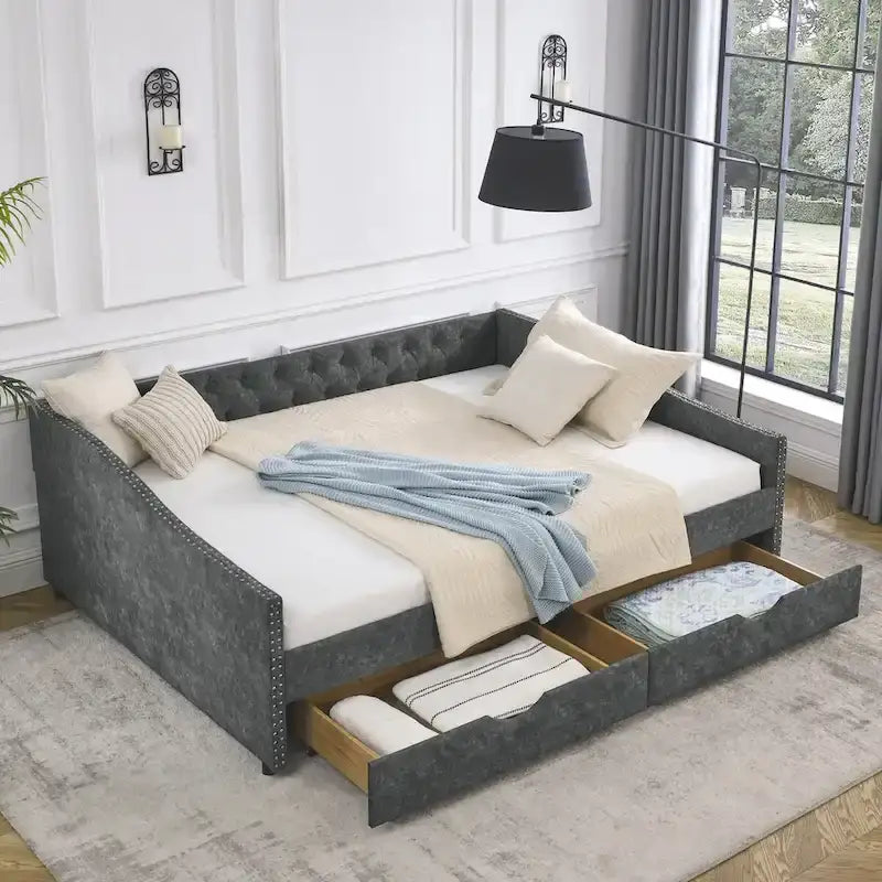 Canapé-lit capitonné queen avec tiroirs de rangement beige gris
