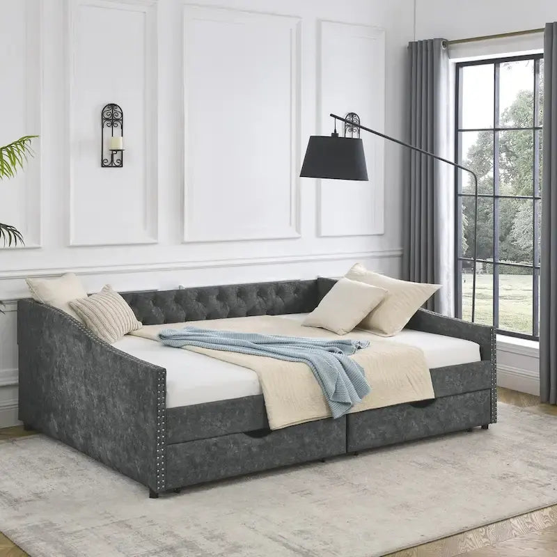 Canapé-lit capitonné queen avec tiroirs de rangement beige gris