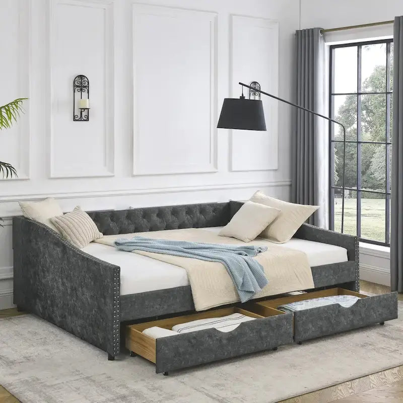 Canapé-lit capitonné queen avec tiroirs de rangement beige gris