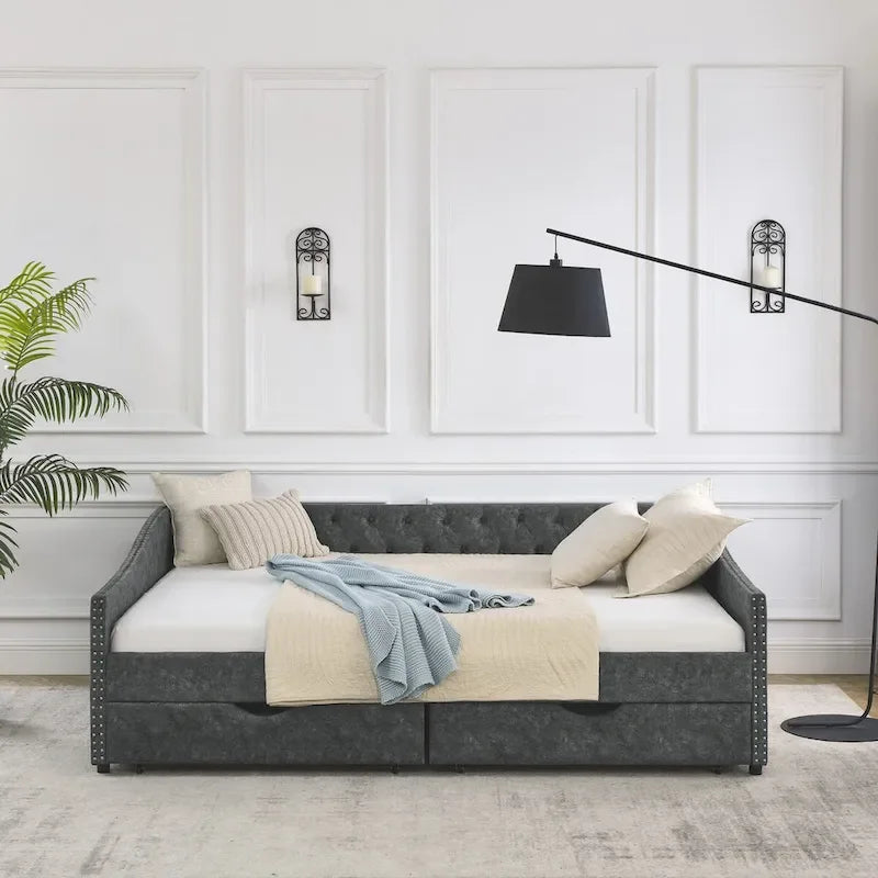 Canapé-lit capitonné queen avec tiroirs de rangement beige gris