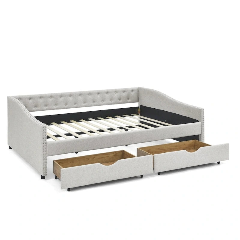 Canapé-lit capitonné queen avec tiroirs de rangement beige gris