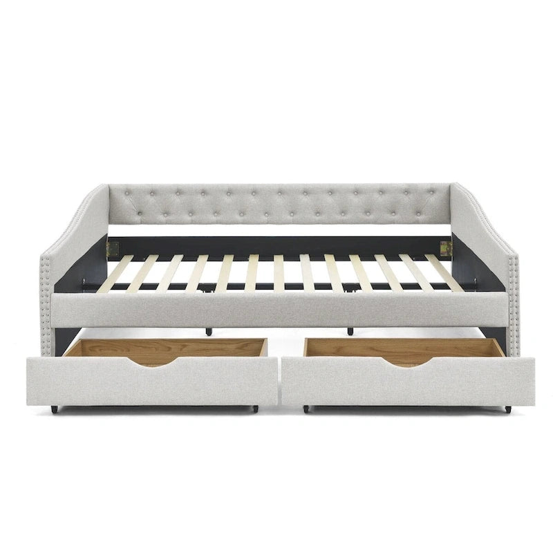 Canapé-lit capitonné queen avec tiroirs de rangement beige gris