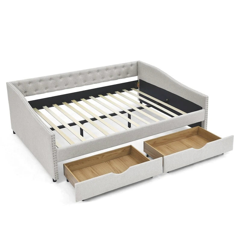 Canapé-lit capitonné queen avec tiroirs de rangement beige gris