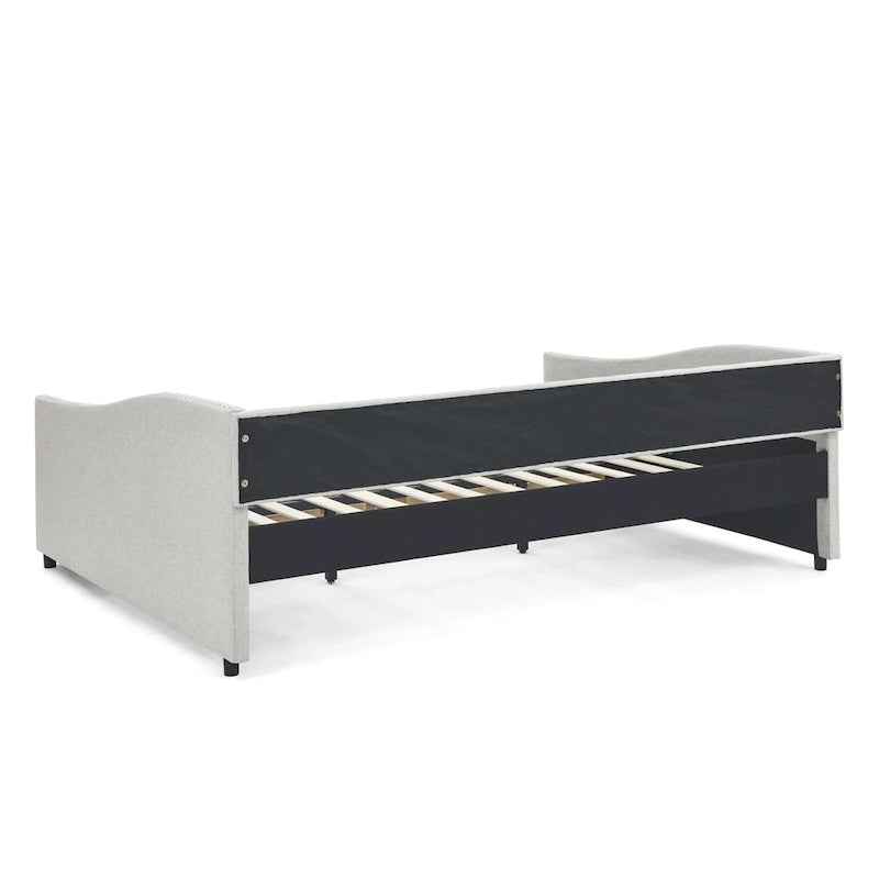 Canapé-lit capitonné queen avec tiroirs de rangement beige gris