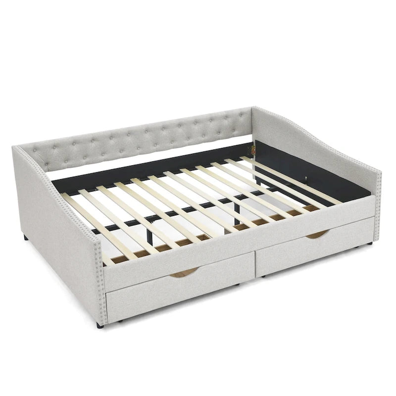 Canapé-lit capitonné queen avec tiroirs de rangement beige gris