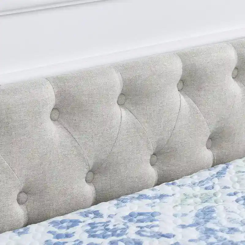 Canapé-lit capitonné queen avec tiroirs de rangement beige gris