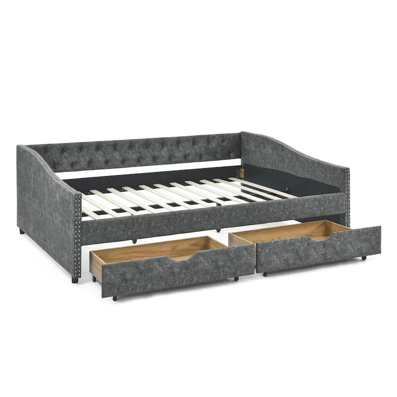 Canapé-lit capitonné queen avec tiroirs de rangement beige gris