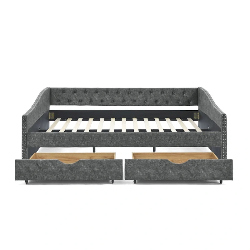 Canapé-lit capitonné queen avec tiroirs de rangement beige gris