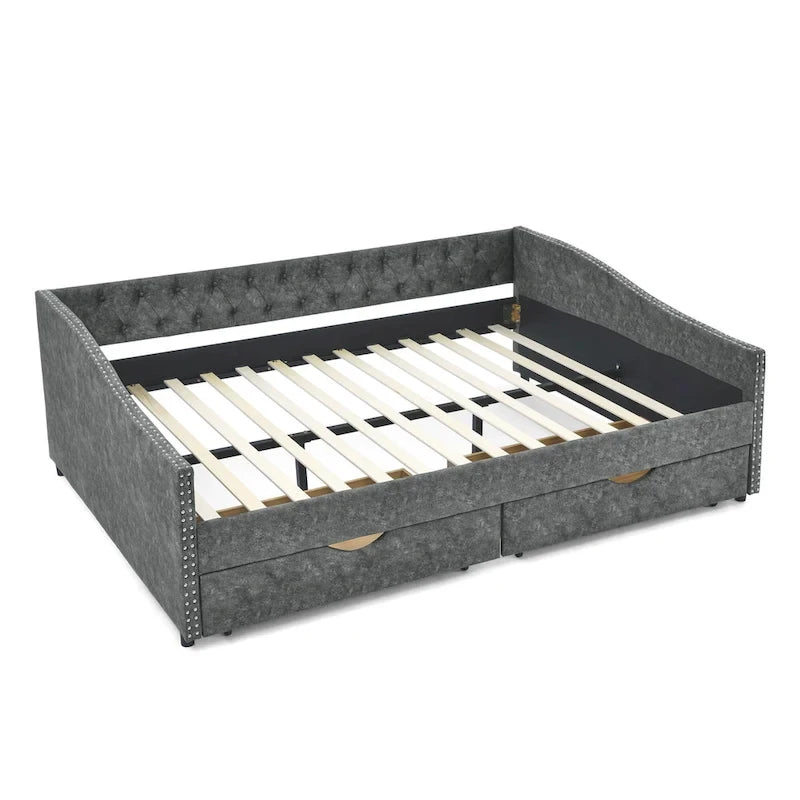 Canapé-lit capitonné queen avec tiroirs de rangement beige gris