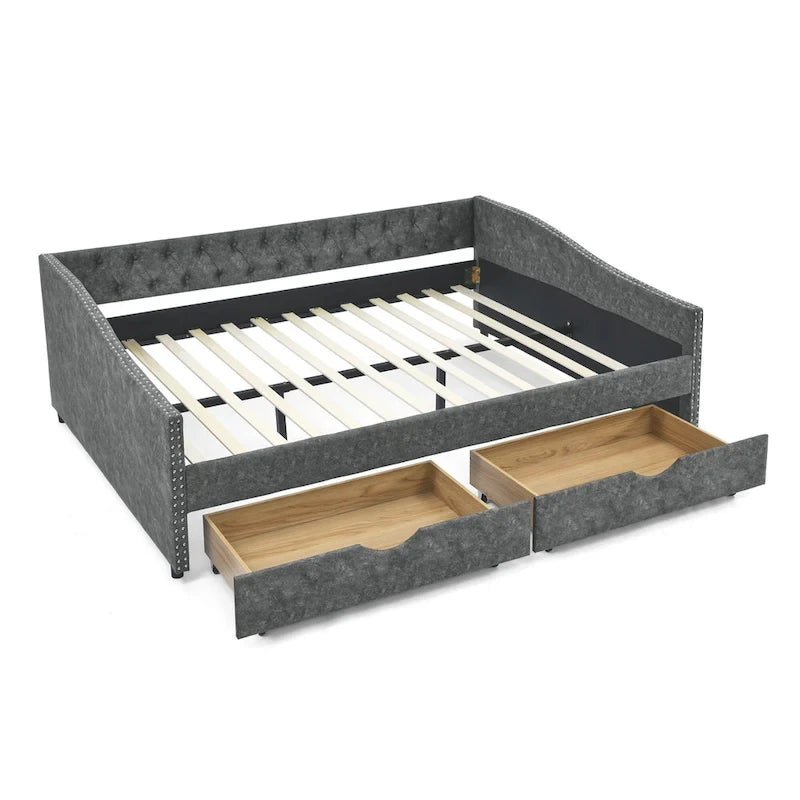 Canapé-lit capitonné queen avec tiroirs de rangement beige gris