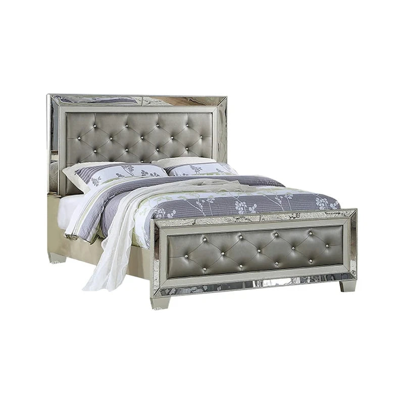 Lit Queen avec Incrustation Miroir Boutons Touffetés Rembourré en Similicuir Gris Platine
