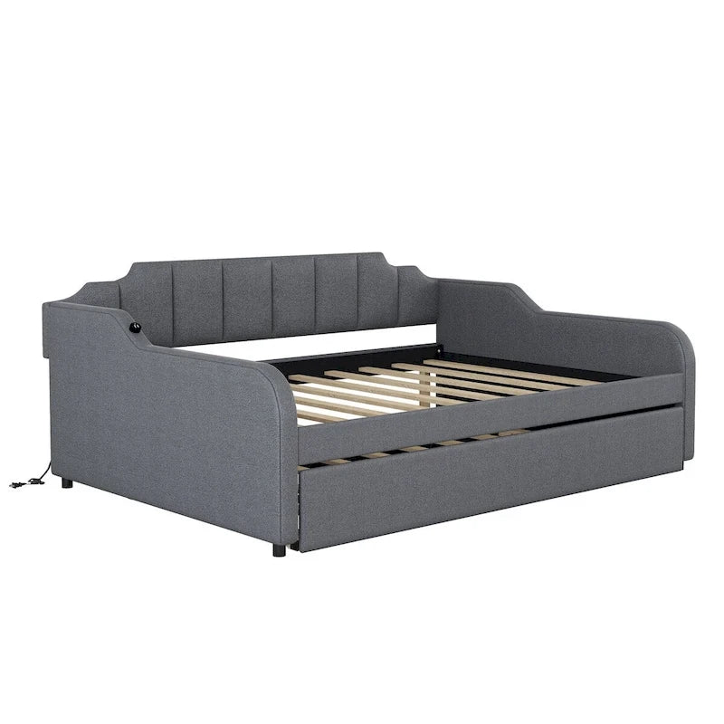 Lit de repos gris rembourré avec lit gigogne coulissant et port de chargement USB