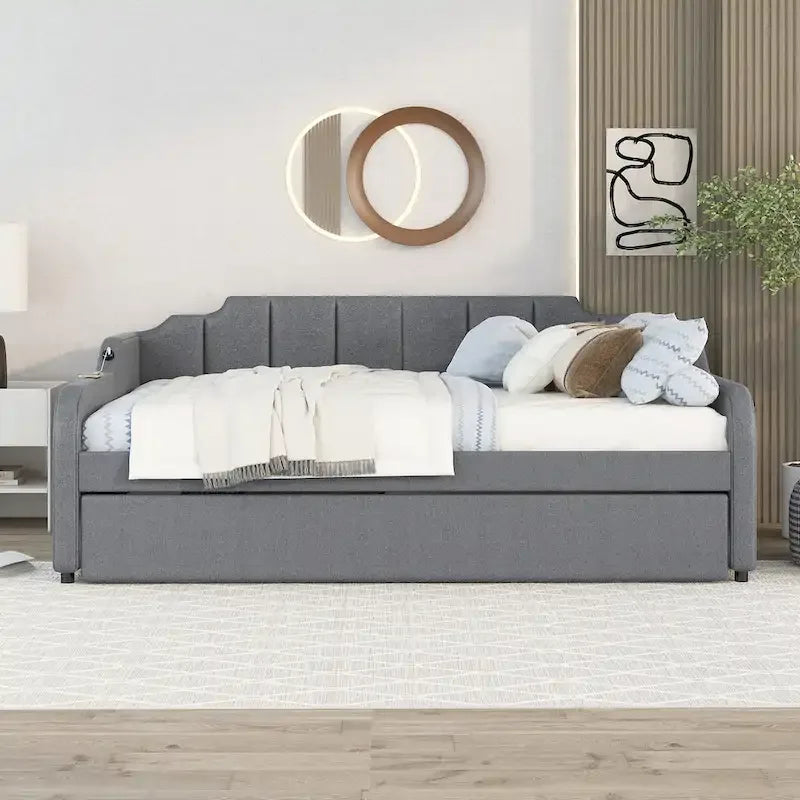 Lit de repos gris rembourré avec lit gigogne coulissant et port de chargement USB