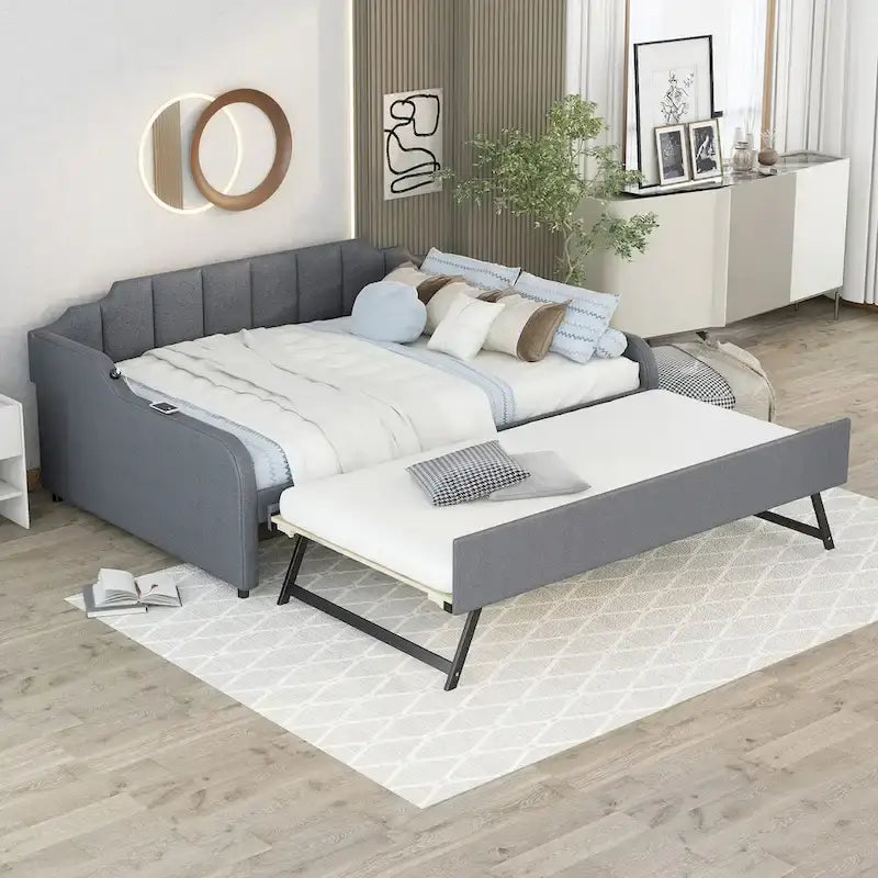 Lit de repos gris rembourré avec lit gigogne coulissant et port de chargement USB