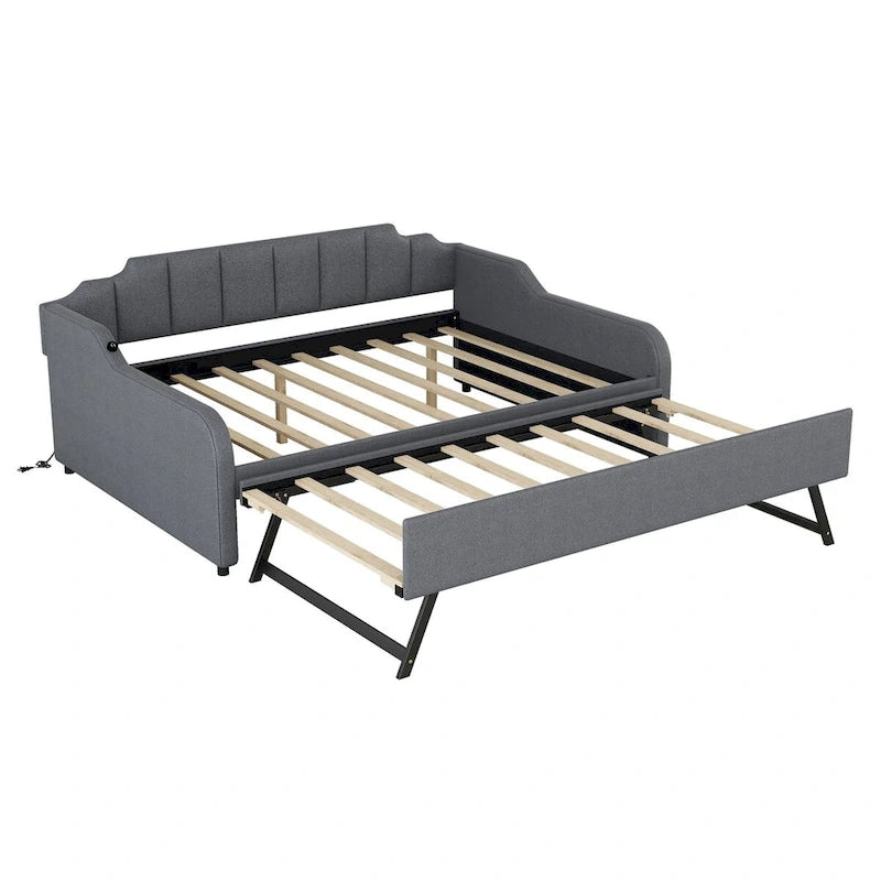 Lit de repos gris rembourré avec lit gigogne coulissant et port de chargement USB