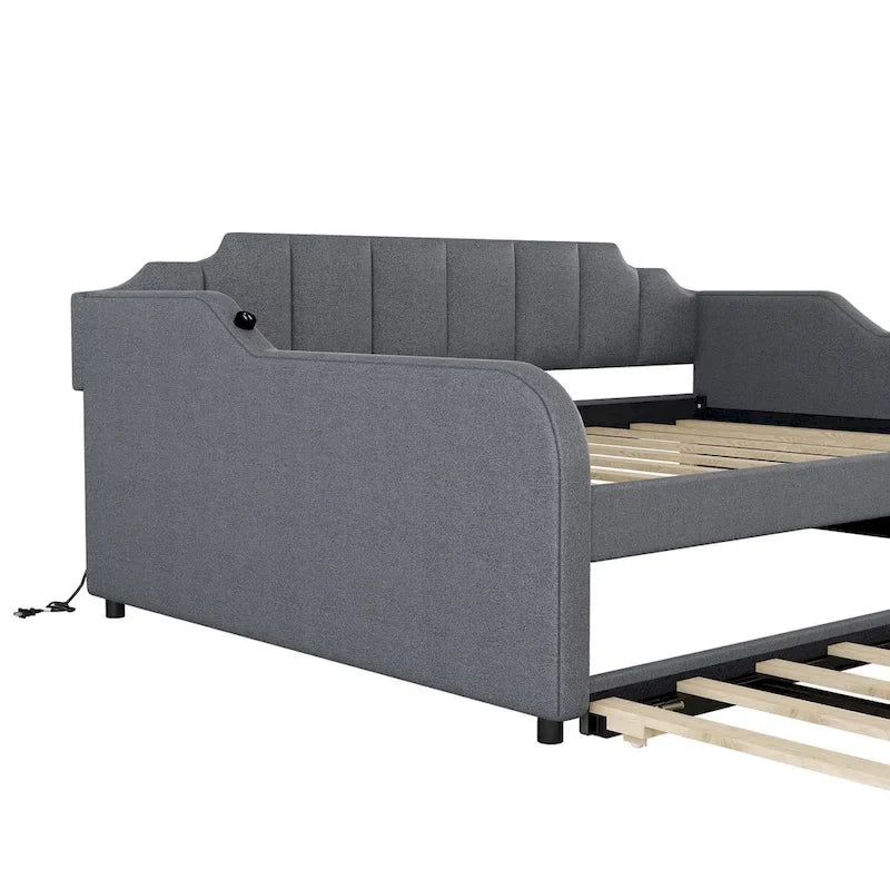 Lit de repos gris rembourré avec lit gigogne coulissant et port de chargement USB