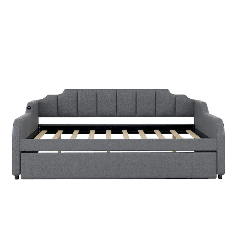 Lit de repos gris rembourré avec lit gigogne coulissant et port de chargement USB