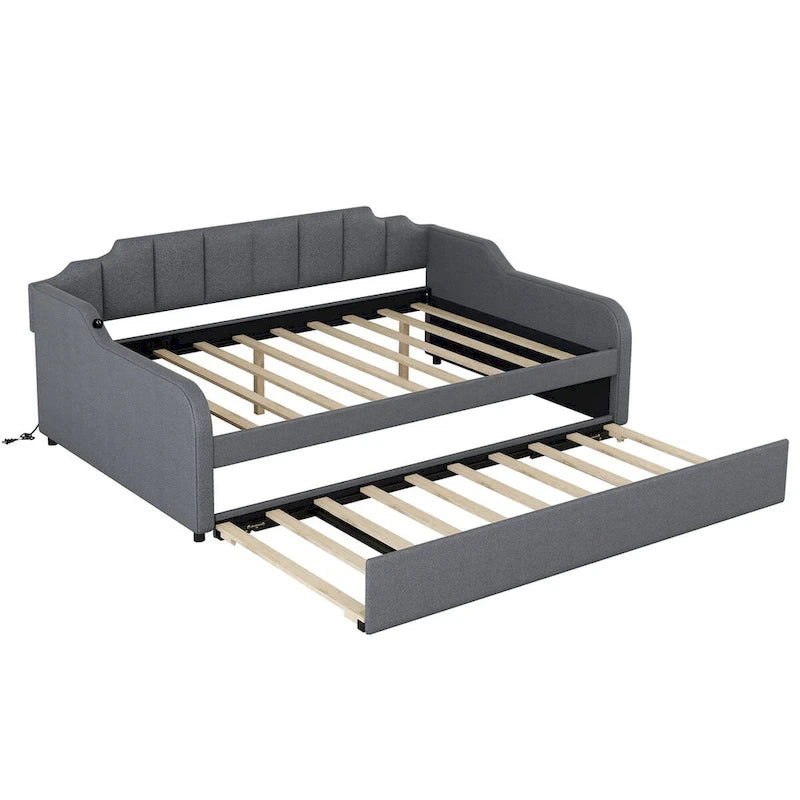Lit de repos gris rembourré avec lit gigogne coulissant et port de chargement USB
