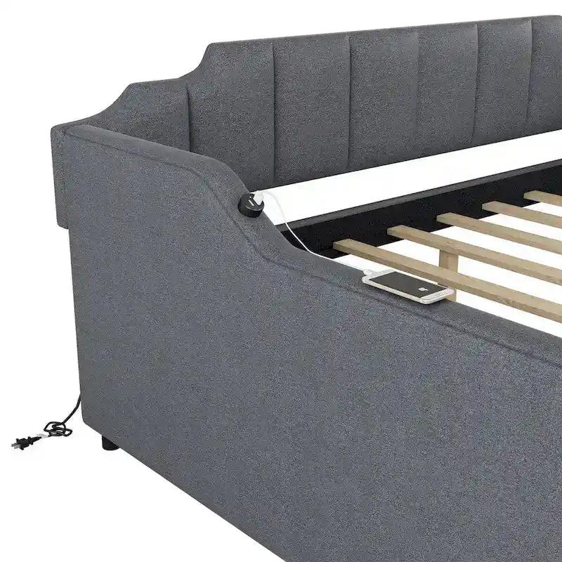 Lit de repos gris rembourré avec lit gigogne coulissant et port de chargement USB