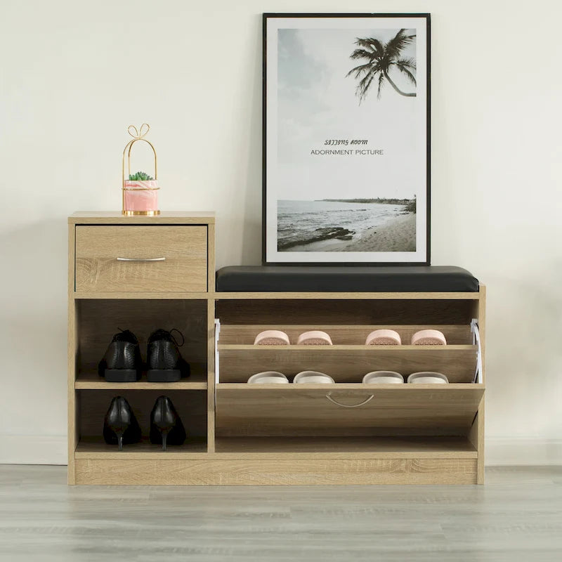 Banc de rangement à chaussures pour entrée avec coussin et étagère escamotable