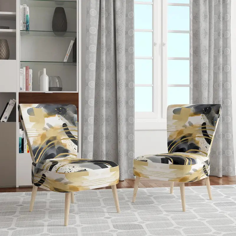 Fauteuil d'appoint rembourré à imprimé abstrait pastel or noir style moderne