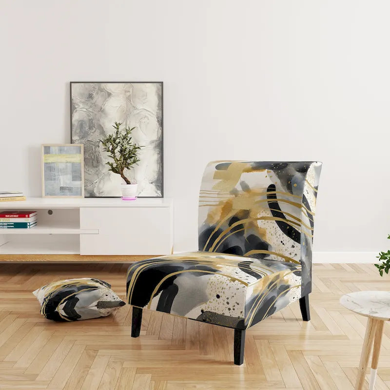 Fauteuil d'appoint rembourré à imprimé abstrait pastel or noir style moderne