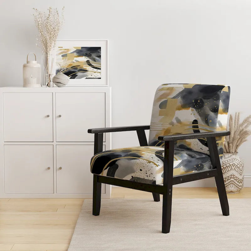 Fauteuil d'appoint rembourré à imprimé abstrait pastel or noir style moderne