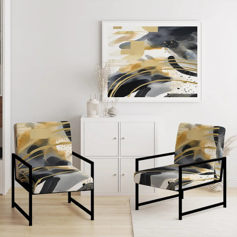 Fauteuil d'appoint rembourré à imprimé abstrait pastel or noir style moderne