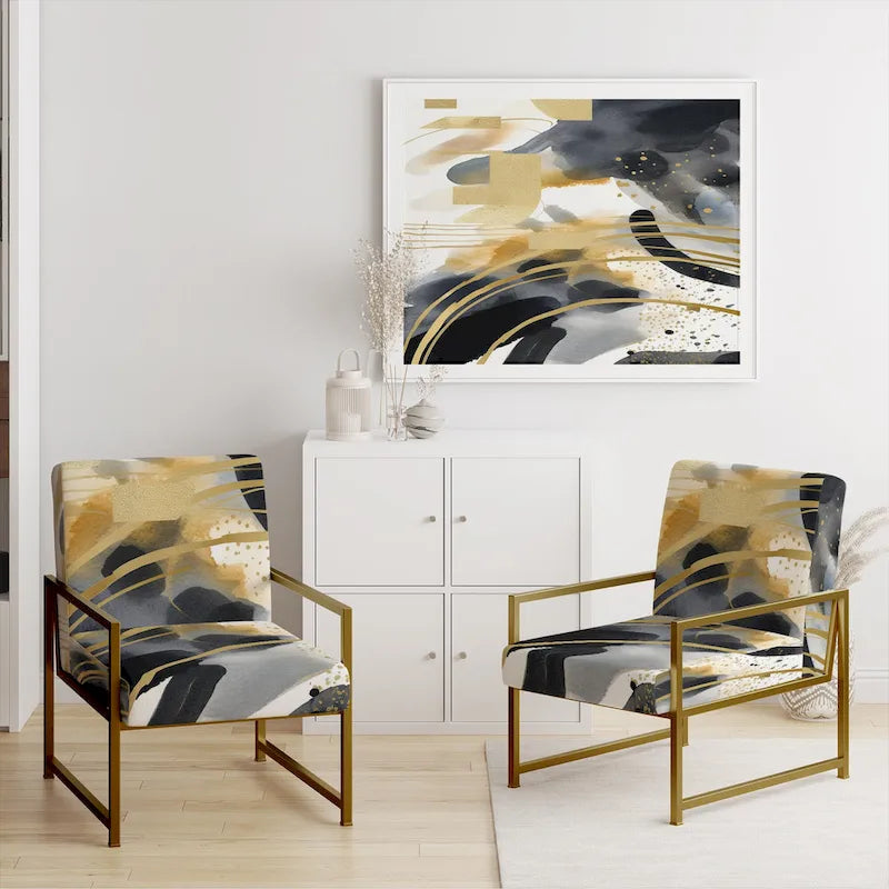 Fauteuil d'appoint rembourré à imprimé abstrait pastel or noir style moderne