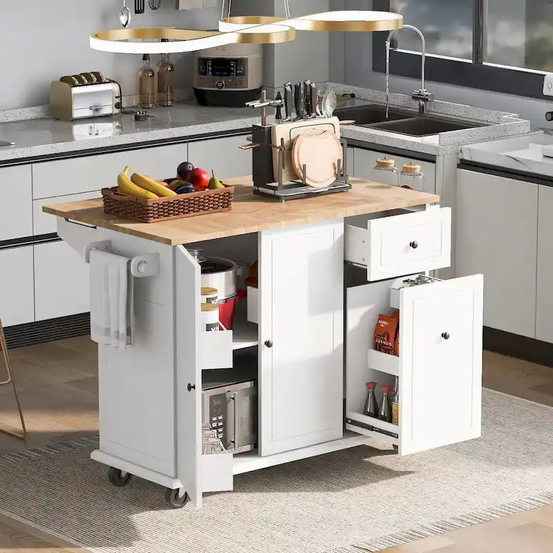 Rolling Kitchen Island Cart with Drop Leaf Rubberwood Top and Storage Drawers