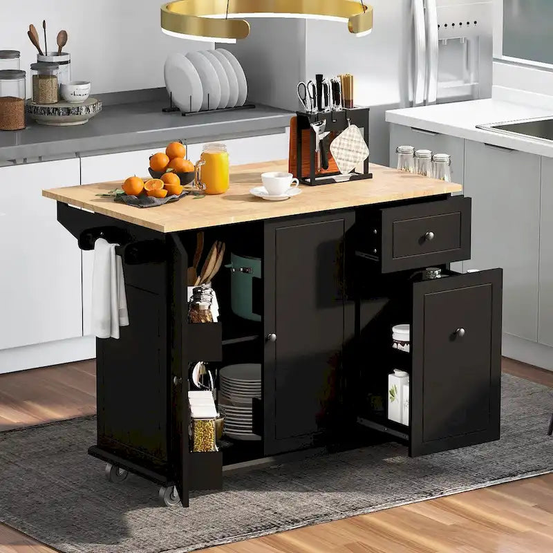 Rolling Kitchen Island Cart with Drop Leaf Rubberwood Top and Storage Drawers