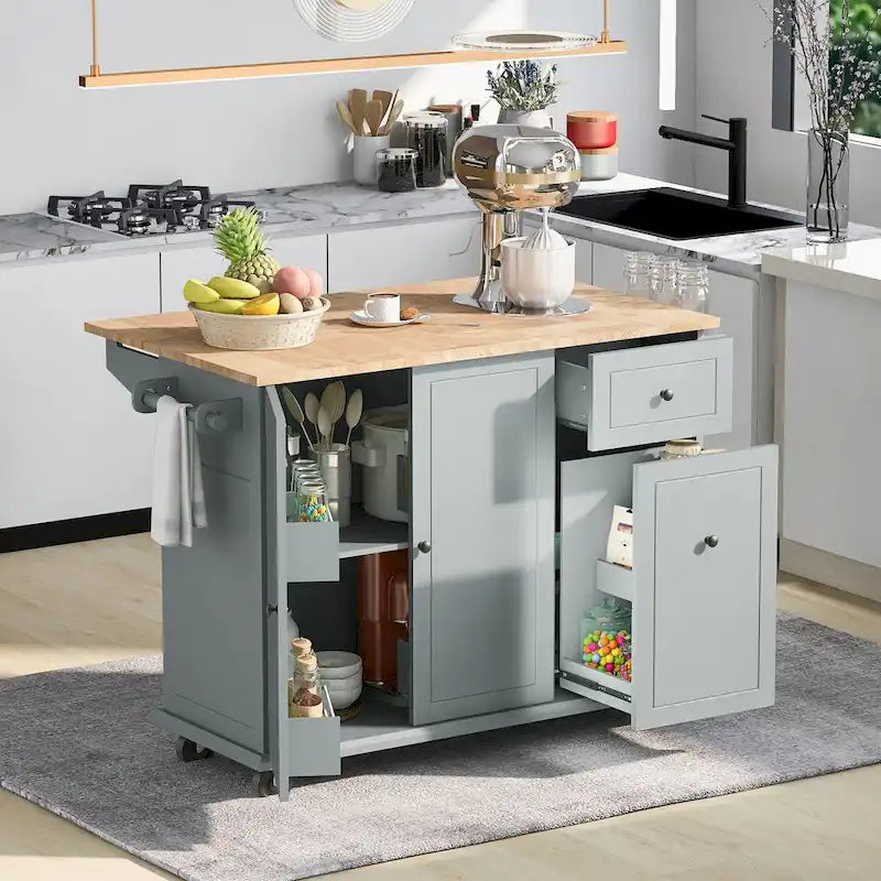 Rolling Kitchen Island Cart with Drop Leaf Rubberwood Top and Storage Drawers