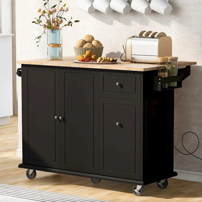 Rolling Kitchen Island Cart with Drop Leaf Rubberwood Top and Storage Drawers
