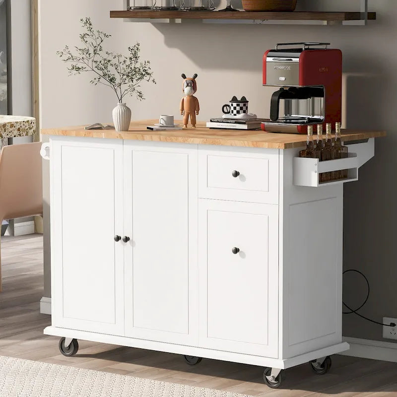 Rolling Kitchen Island Cart with Drop Leaf Rubberwood Top and Storage Drawers