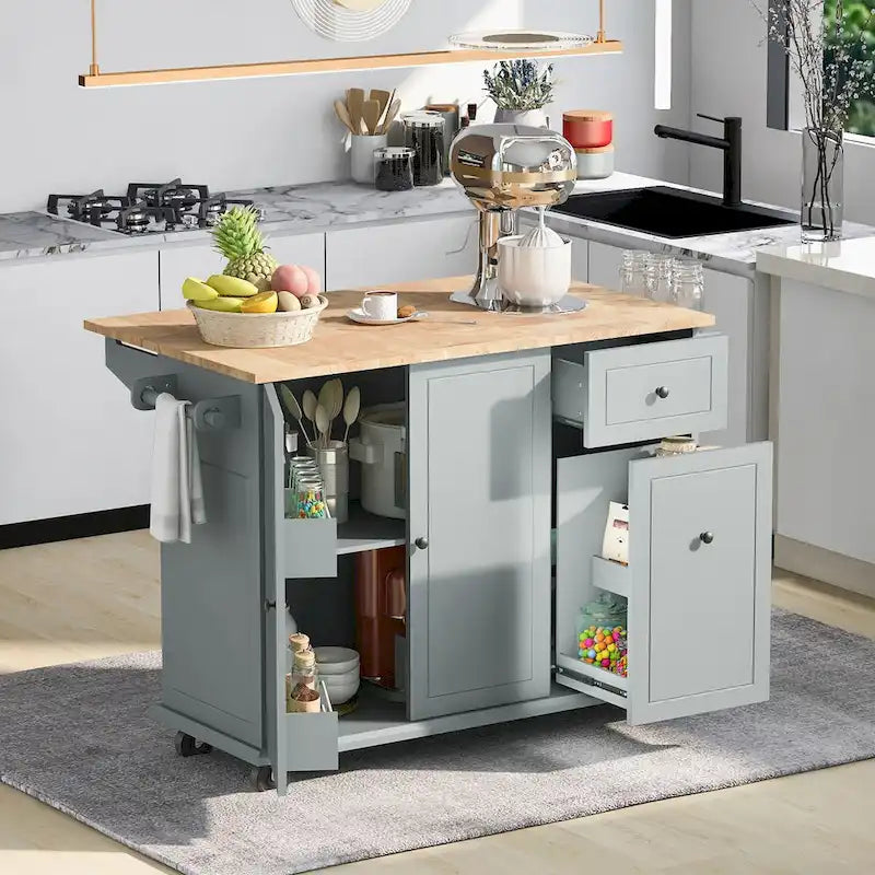 Rolling Kitchen Island Cart with Drop Leaf Rubberwood Top and Storage Drawers