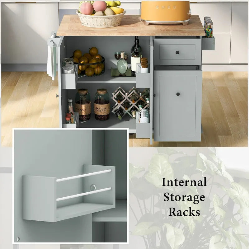 Rolling Kitchen Island Cart with Drop Leaf Rubberwood Top and Storage Drawers