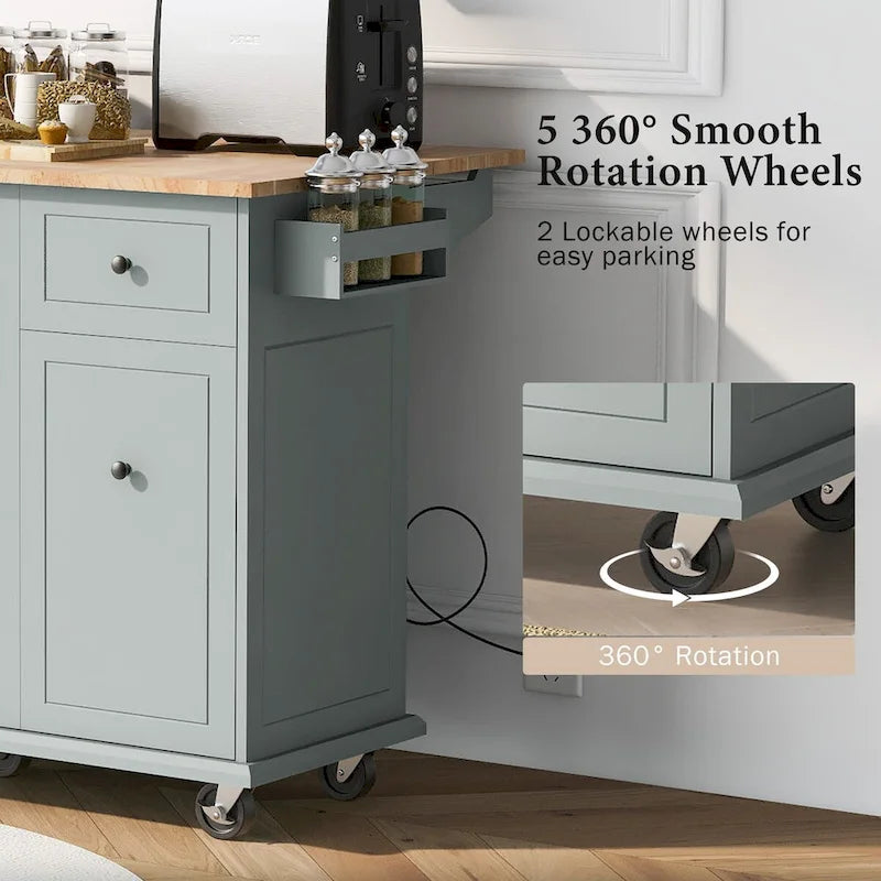 Rolling Kitchen Island Cart with Drop Leaf Rubberwood Top and Storage Drawers