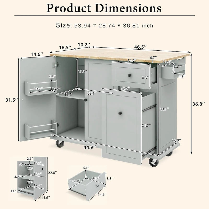 Rolling Kitchen Island Cart with Drop Leaf Rubberwood Top and Storage Drawers