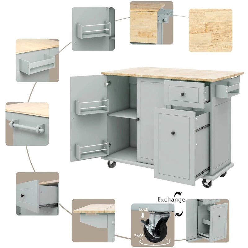 Rolling Kitchen Island Cart with Drop Leaf Rubberwood Top and Storage Drawers