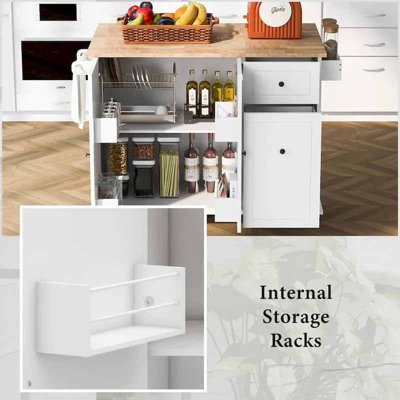 Rolling Kitchen Island Cart with Drop Leaf Rubberwood Top and Storage Drawers