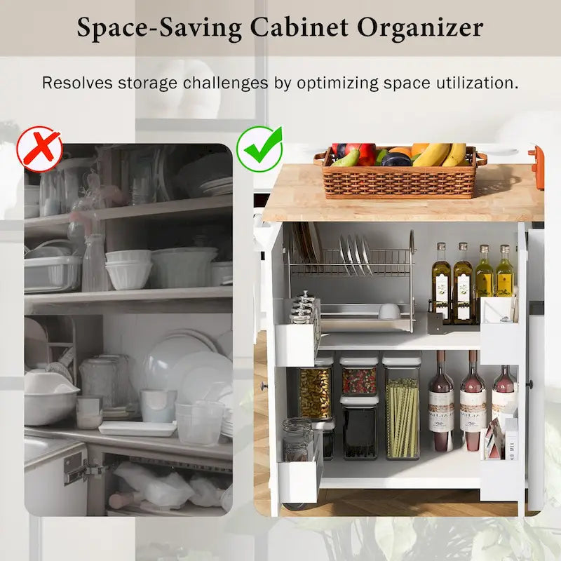 Rolling Kitchen Island Cart with Drop Leaf Rubberwood Top and Storage Drawers