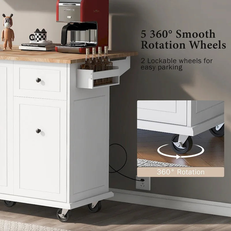 Rolling Kitchen Island Cart with Drop Leaf Rubberwood Top and Storage Drawers