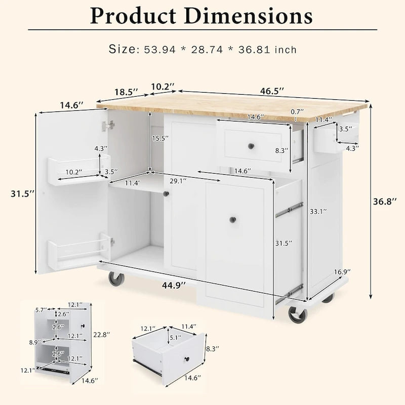 Rolling Kitchen Island Cart with Drop Leaf Rubberwood Top and Storage Drawers